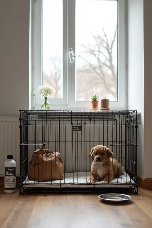 En enkel hundstart med bur, matskål och fläckborttagning för den som skaffar hund på budget.