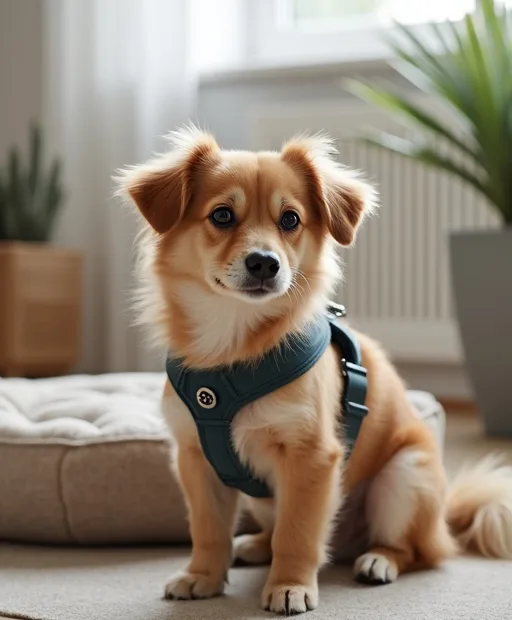 Liten hund med sele och mjuk bädd i ett lugnt hem