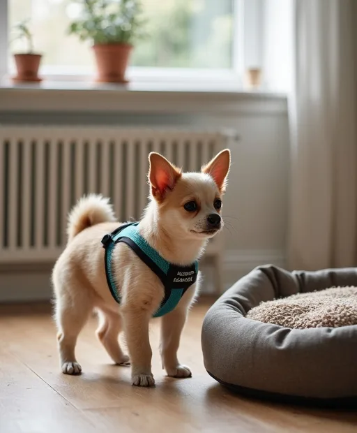 Liten hundras bredvid en sele och en bädd som passar mindre hundar