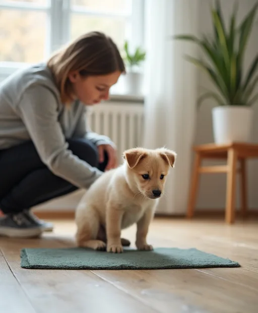 Valp tränas att gå till en valpmatta hemma i en lugn vardagssituation