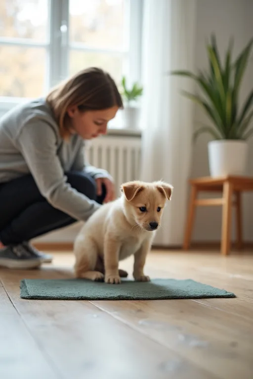Valp tränas att gå till en valpmatta hemma i en lugn vardagssituation