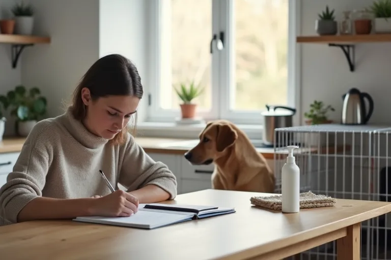 Hundägare som går igenom en enkel plan för första hundinköpen vid köksbordet