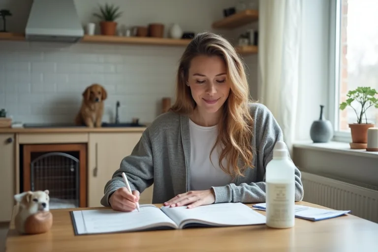 Ny hundägare som planerar startkostnader med hundbur och rengöringsprodukt i hemmet