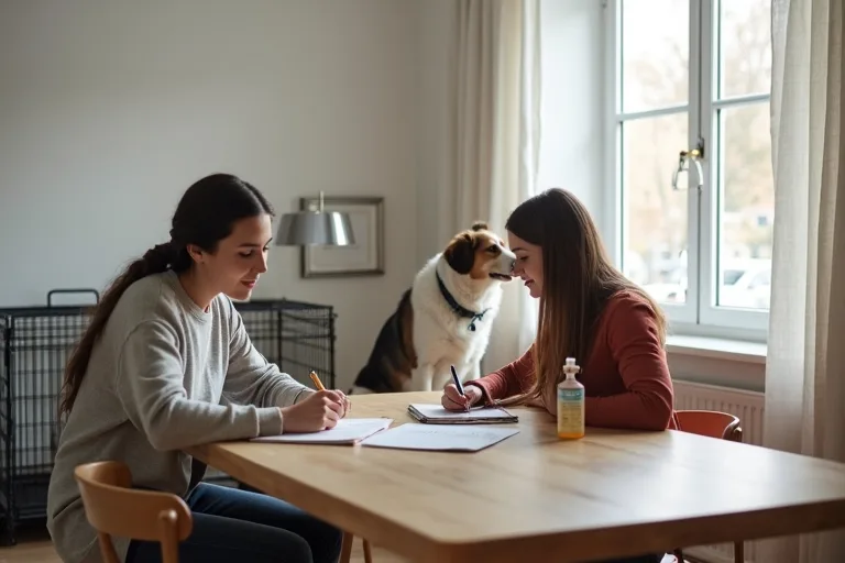 En enkel hundbudget på ett köksbord med anteckningar om startkostnader och återkommande utgifter