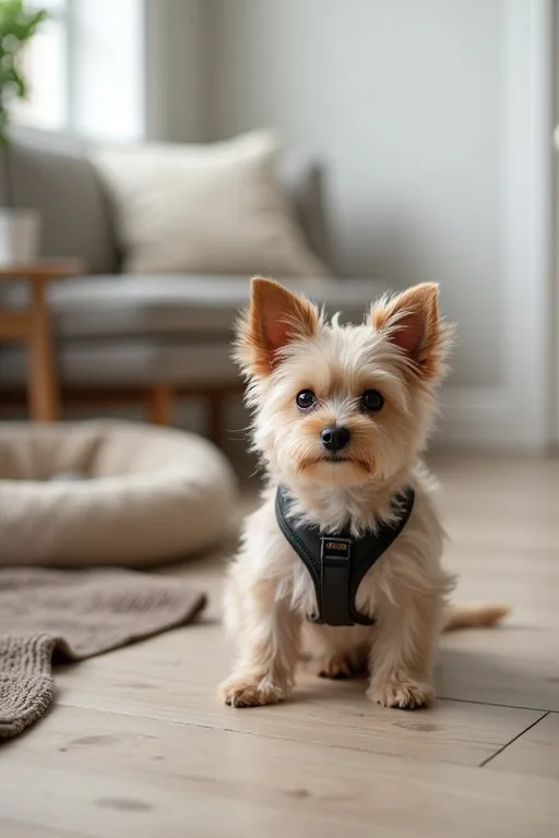 En liten hund i ett stilla hem som visar vardagskänslan hos små hundraser.