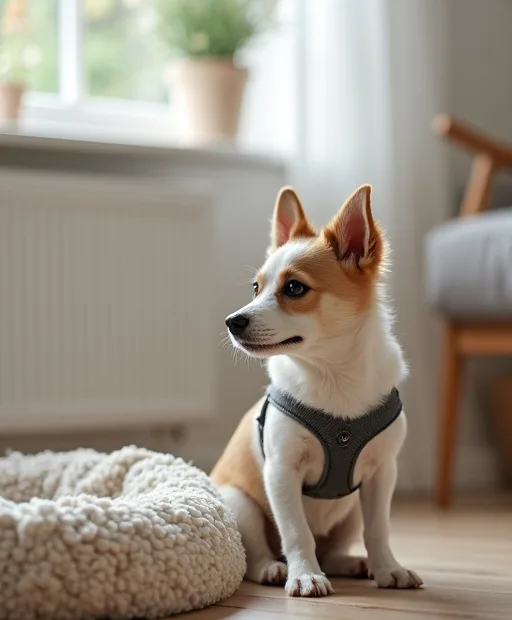 En liten hund i sele bredvid en mjuk hundbädd i ett lugnt hem.