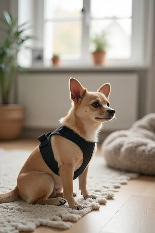 En liten hund i en välpassande sele nära en mjuk bädd som visar praktisk utrustning.