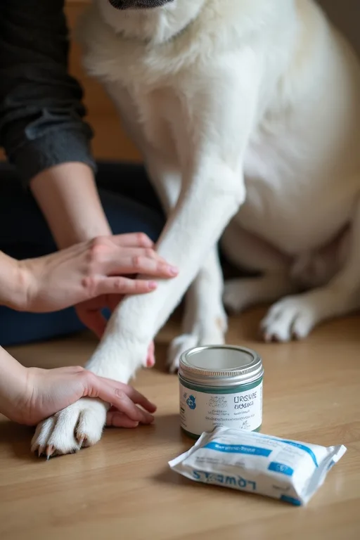 Hundägare smörjer in hundens tassar med tassalva i en lugn hemmarutin