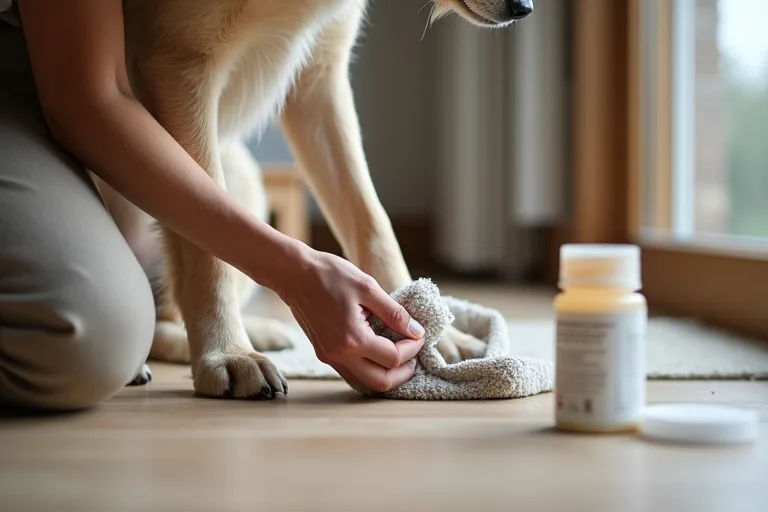 Hundägare som rengör hundens tassar hemma efter promenad med våtservetter och tassalva nära till hands