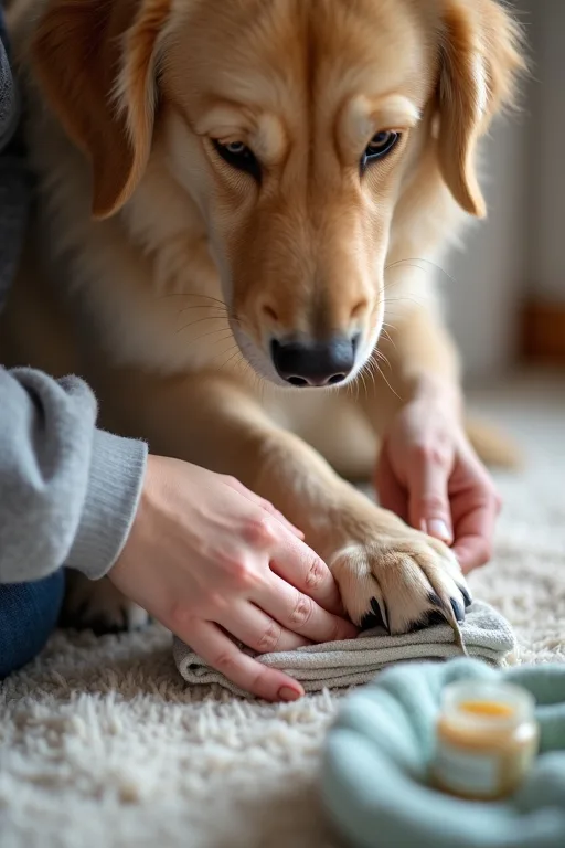 Närbild av hundtassar som kontrolleras noggrant för sprickor, rodnad och irritation.