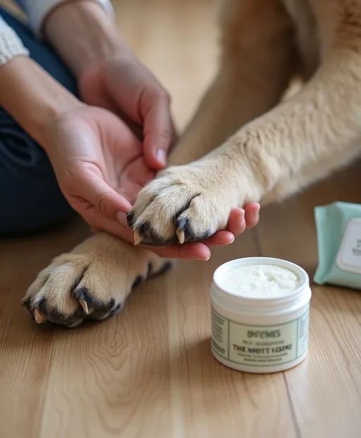 Hundägare som rengör hundens tassar hemma med tassalva och våtservetter