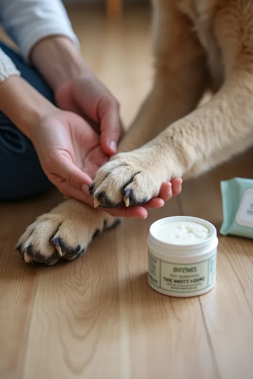 Hundägare som rengör hundens tassar hemma med tassalva och våtservetter