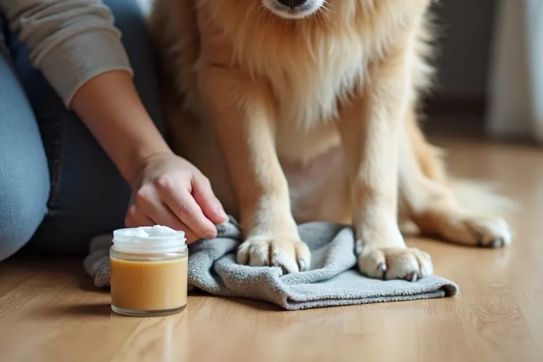 Närbild på hundtassar som kontrolleras hemma efter promenad i ett lugnt svenskt hem