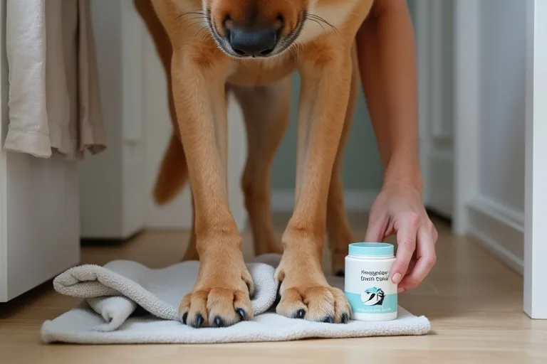 Hundägare som torkar hundens tassar noggrant efter en promenad med enkel hemmavård