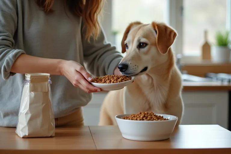 Hundägare som gradvis blandar två sorters torrfoder i en matskål