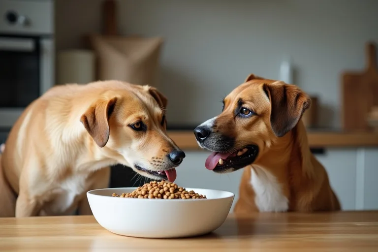 Hundägare som blandar gammalt och nytt hundfoder i en skål vid köksbänken