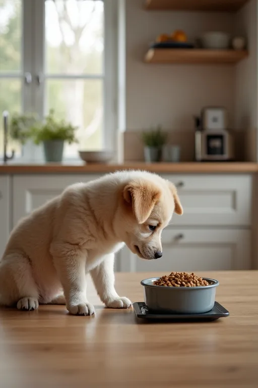 En hundägare jämför valpfoder vid köksbordet med en valp nära fötterna.