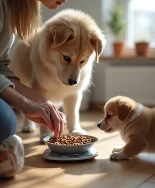 En hundägare väger upp valpfoder i köket medan en valp väntar bredvid.
