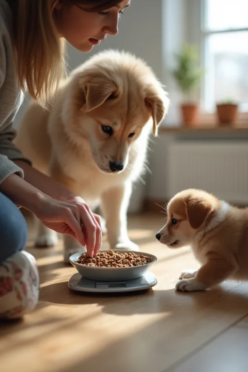 En hundägare väger upp valpfoder i köket medan en valp väntar bredvid.