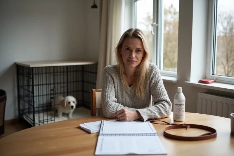 En person planerar kostnaden för att skaffa hund med bur, koppel och budgetpapper på bordet