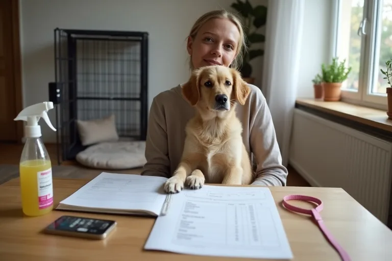 En lugn hemmamiljö där hundägaren planerar löpande kostnader för foder, försäkring och vardag