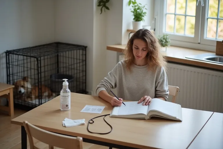 Hundutrustning och budgetplanering på ett köksbord inför första tiden med hund