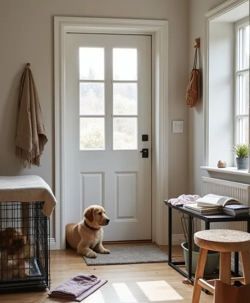 Hundbur, rengöringsspray och budgetanteckningar inför första tiden med hund.