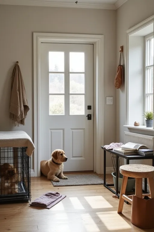 Hundbur, rengöringsspray och budgetanteckningar inför första tiden med hund.