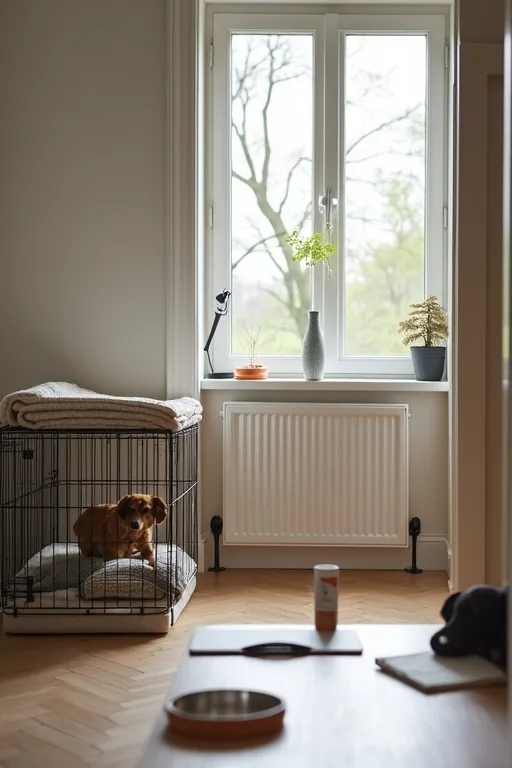 Första hundplatsen hemma med bur, filt och enkla startprylar.