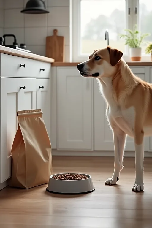 Hundägare förbereder hundmat i köket med fokus på rutiner och rätt portionsstorlek