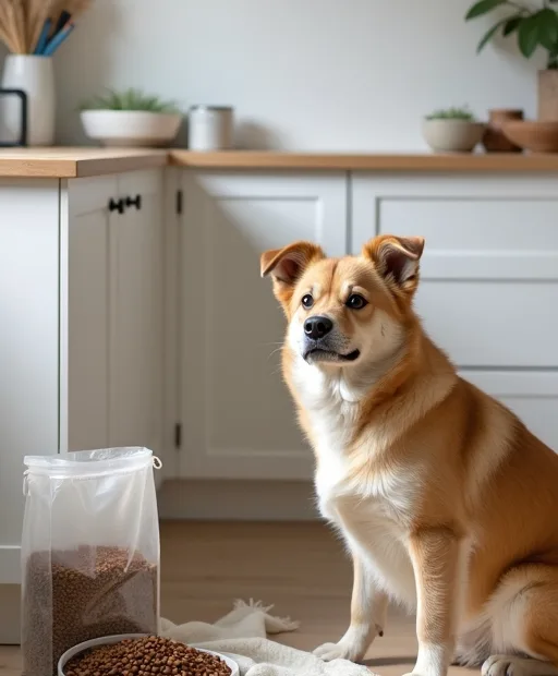 Hund vid en lugn utfodringsplats hemma med hundfoder och lufttät förvaringsburk