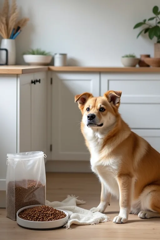 Hund vid en lugn utfodringsplats hemma med hundfoder och lufttät förvaringsburk