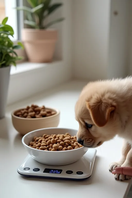Ägare som förbereder en portionskontrollerad måltid för valp i ett stilrent kök.