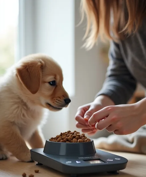 Valp vid matskål och digital våg för portionskontroll i ett lugnt hem.