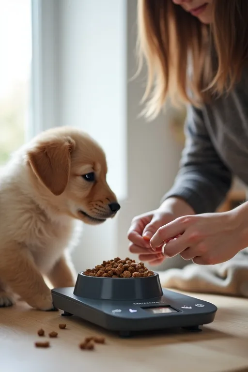 Valp vid matskål och digital våg för portionskontroll i ett lugnt hem.