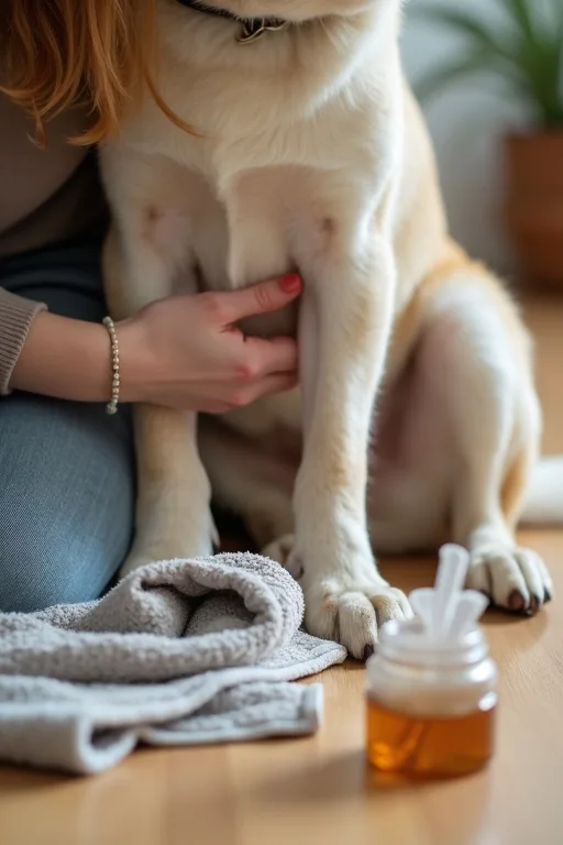 Hundägare kontrollerar hundens tassar lugnt hemma för att se om något behöver extra uppmärksamhet.