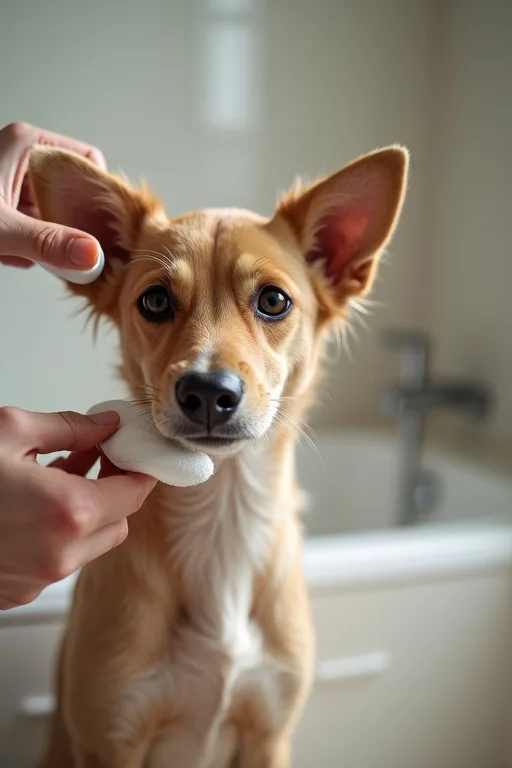 En nära bild av en hunds öra som kontrolleras försiktigt under en lugn hemmarutin.