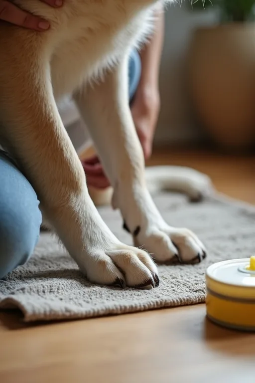 Hundägare som använder skonsamma våtservetter för att rengöra hundens tassar efter promenad.