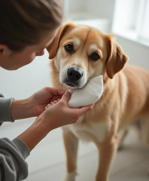En hundägare som försiktigt rengör hundens öra hemma med en mjuk pad.