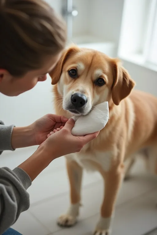 En hundägare som försiktigt rengör hundens öra hemma med en mjuk pad.