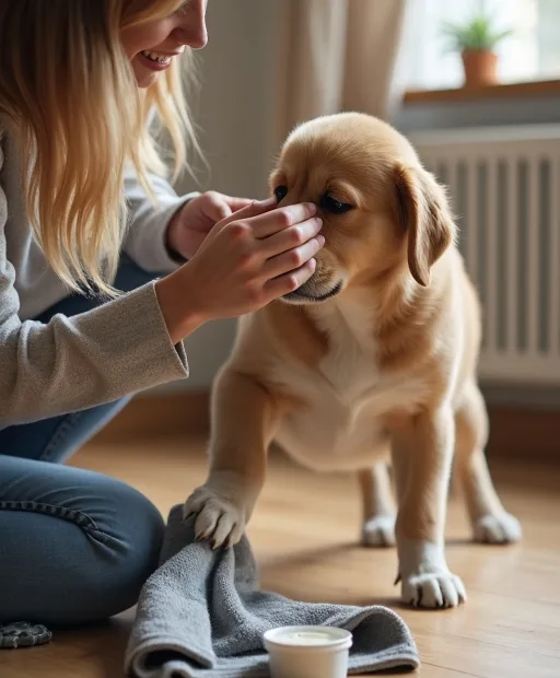 Hundägare som rengör hundens tassar hemma med våtservetter och tassalva bredvid.