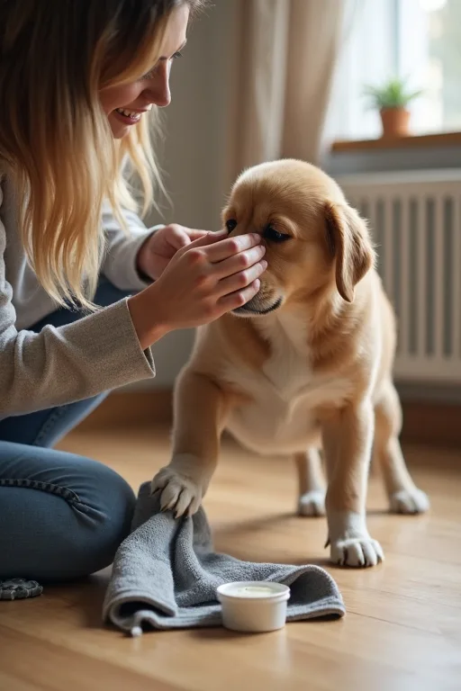Hundägare som rengör hundens tassar hemma med våtservetter och tassalva bredvid.