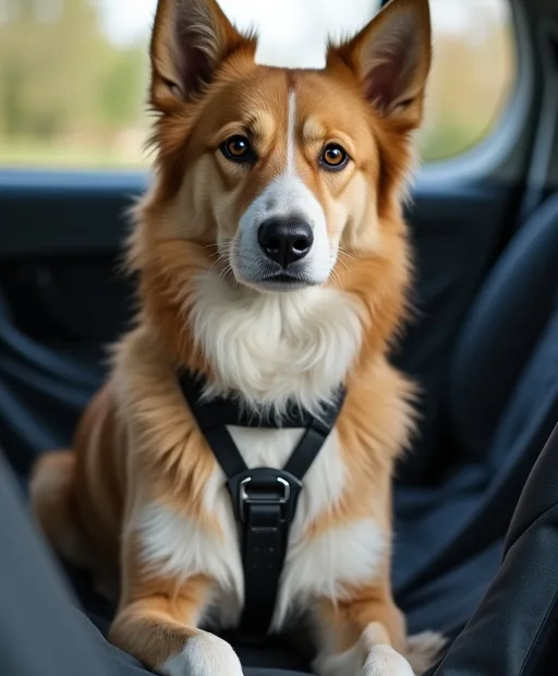 Hund sitter säkert i baksätet med bilsele och baksätesskydd i bilen
