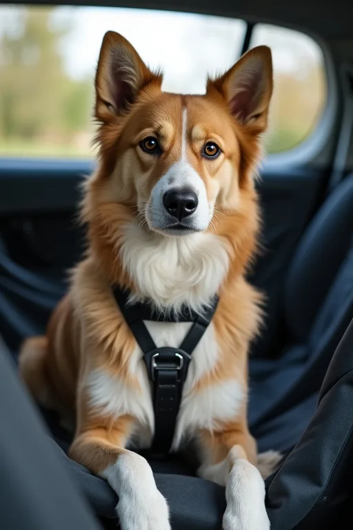 Hund sitter säkert i baksätet med bilsele och baksätesskydd i bilen