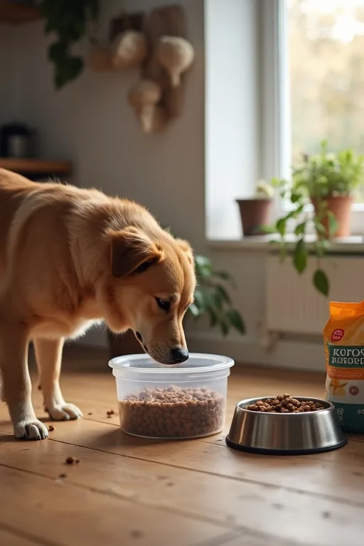 Hundägare som planerar utfodringen med foderpåse och anteckningar i köket