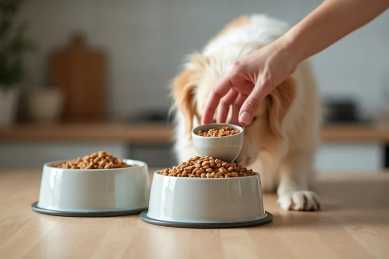 Hundägare som byter hundfoder i hemmet med två skålar och en lufttät förvaringsbehållare.