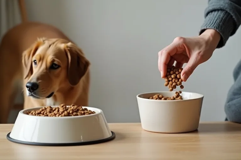 Hundägare som mäter upp hundfoder vid en lugn vardagsutfodring hemma.