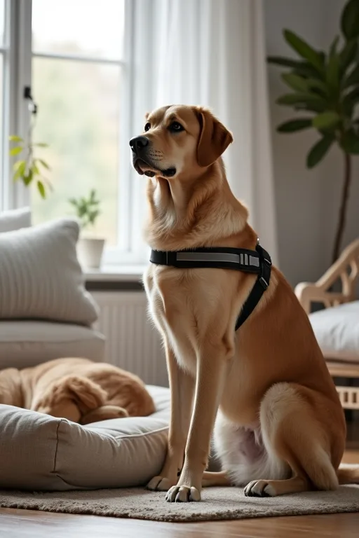 En stor hund i ett vardagsrum med fokus på lugn och vardaglig passform.