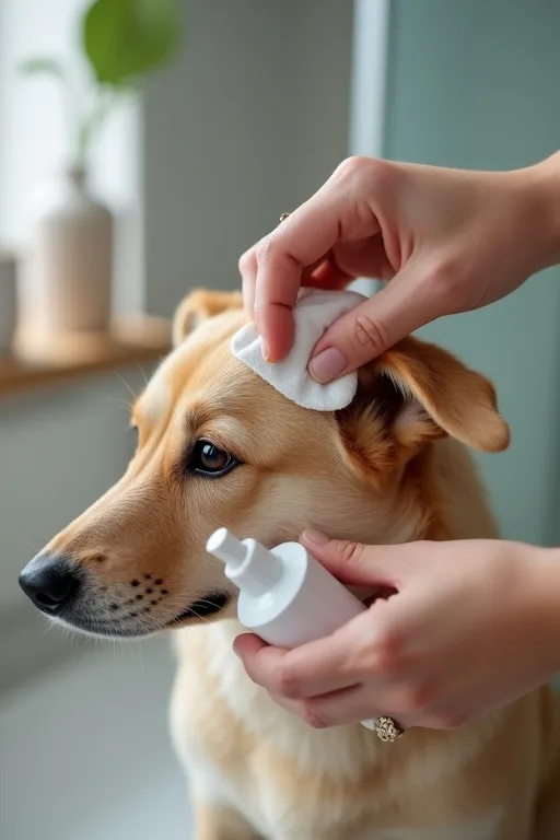 Hundägare som använder en mjuk pad vid skonsam öronrengöring hemma.