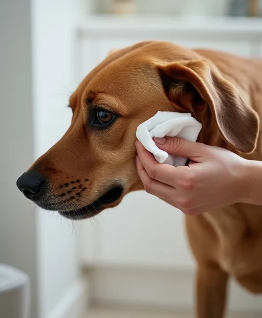 En hundägare rengör försiktigt hundens öra hemma med en mjuk pad.